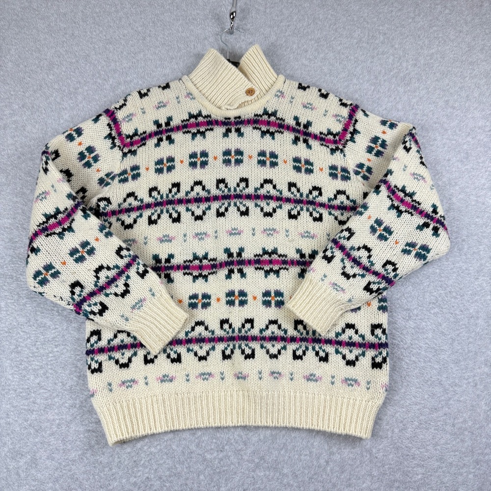 Vtg LL Bean Shetland Wool Fair Isle Sweater Womens Large Cream 100% Wool